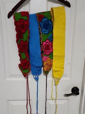 Handwoven Floral Embroidered Sashes — Bright Red, Blue & Yellow